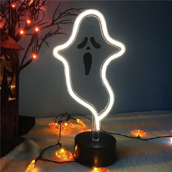 Halloween Ghost Neon Sign, Spooky White Ghost Novelty Light Table Decor - Picture 1 of 7